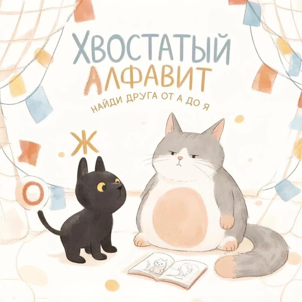 Обложка «Хвостатого алфавита»: чёрный пёс и серо-белый кот рядом с открытой книгой